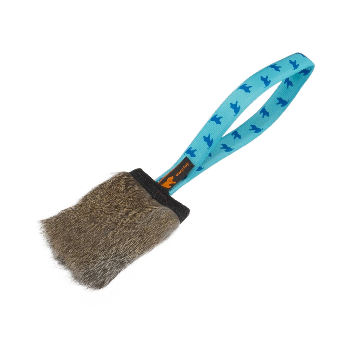 Rabbit Fur Squeaker Tug | Tug-E-Nuff: Handvat met blauw patroon