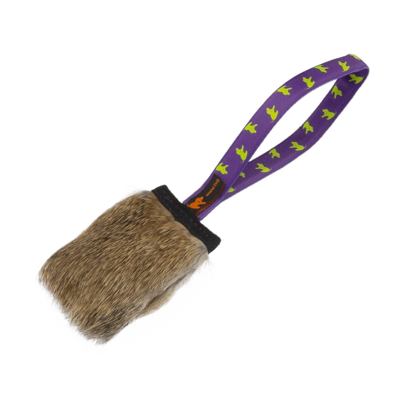 Rabbit Fur Squeaker Tug | Verantwoord gewonnen | Tug-E-Nuff: Paars patroon handvat